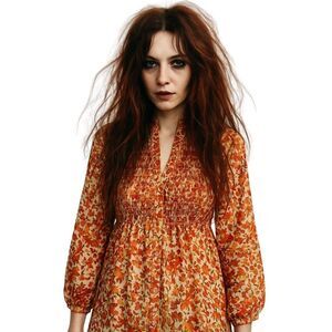 Like New Womens Autumnal Falling of the Leaves Balloon Sleeves Blouse Top